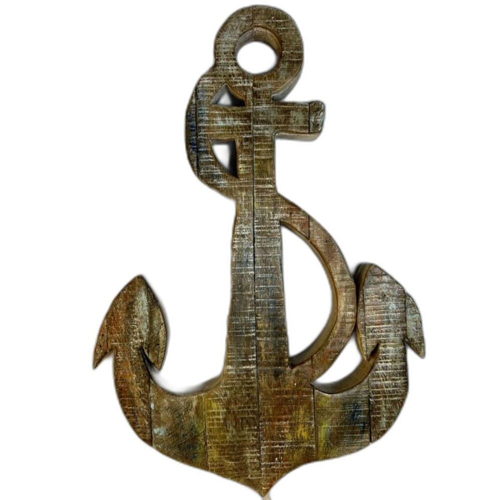 Anchor Wall Art, Wooden, 14"Ht x 9.5"Wd, Weathered Finish Gray/Green/Brown Color
